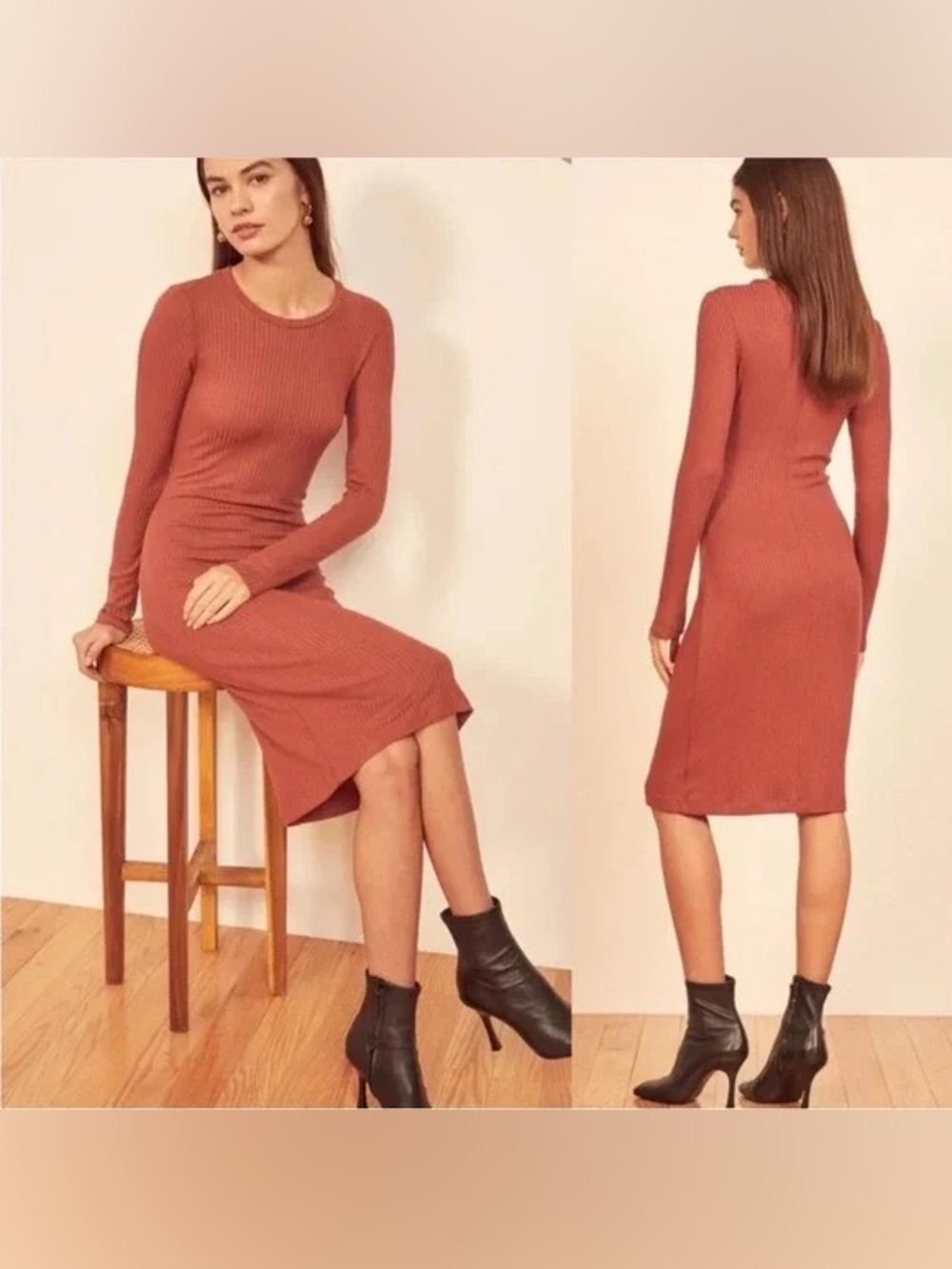 Reformation burgundy red ribbed Wednesday long sleeve midi dress in Rust size S